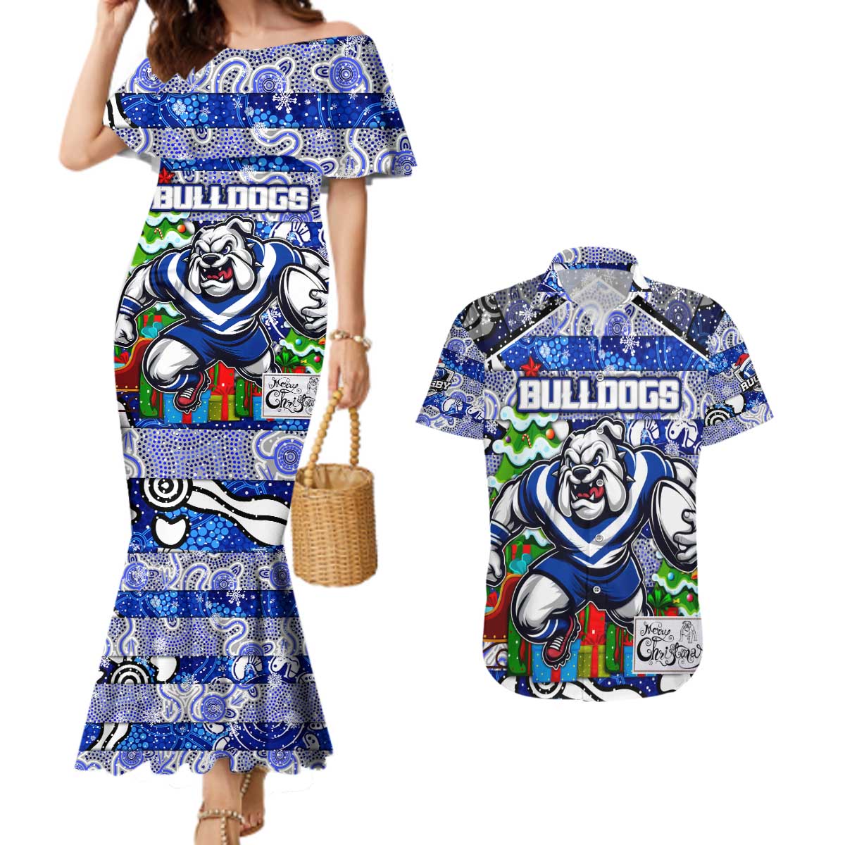 Custom Bulldogs Rugby Merry Christmas Couples Matching Mermaid Dress and Hawaiian Shirt Indigenous Australian Art