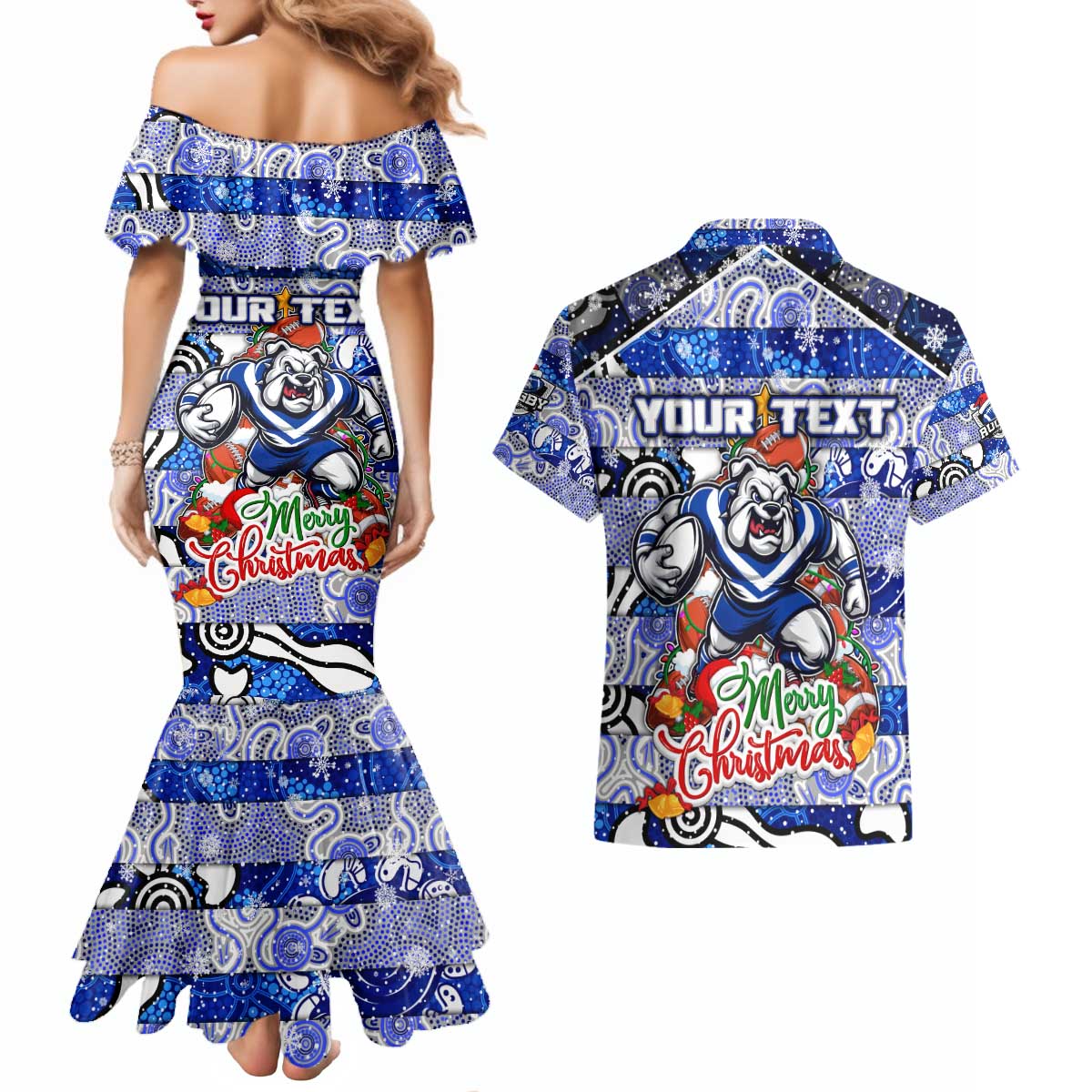 Custom Bulldogs Rugby Merry Christmas Couples Matching Mermaid Dress and Hawaiian Shirt Indigenous Australian Art