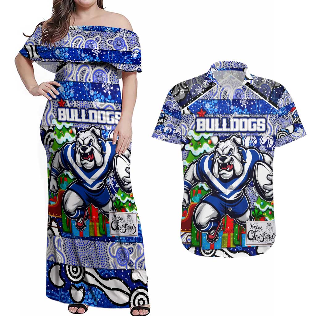 Custom Bulldogs Rugby Merry Christmas Couples Matching Off Shoulder Maxi Dress and Hawaiian Shirt Indigenous Australian Art