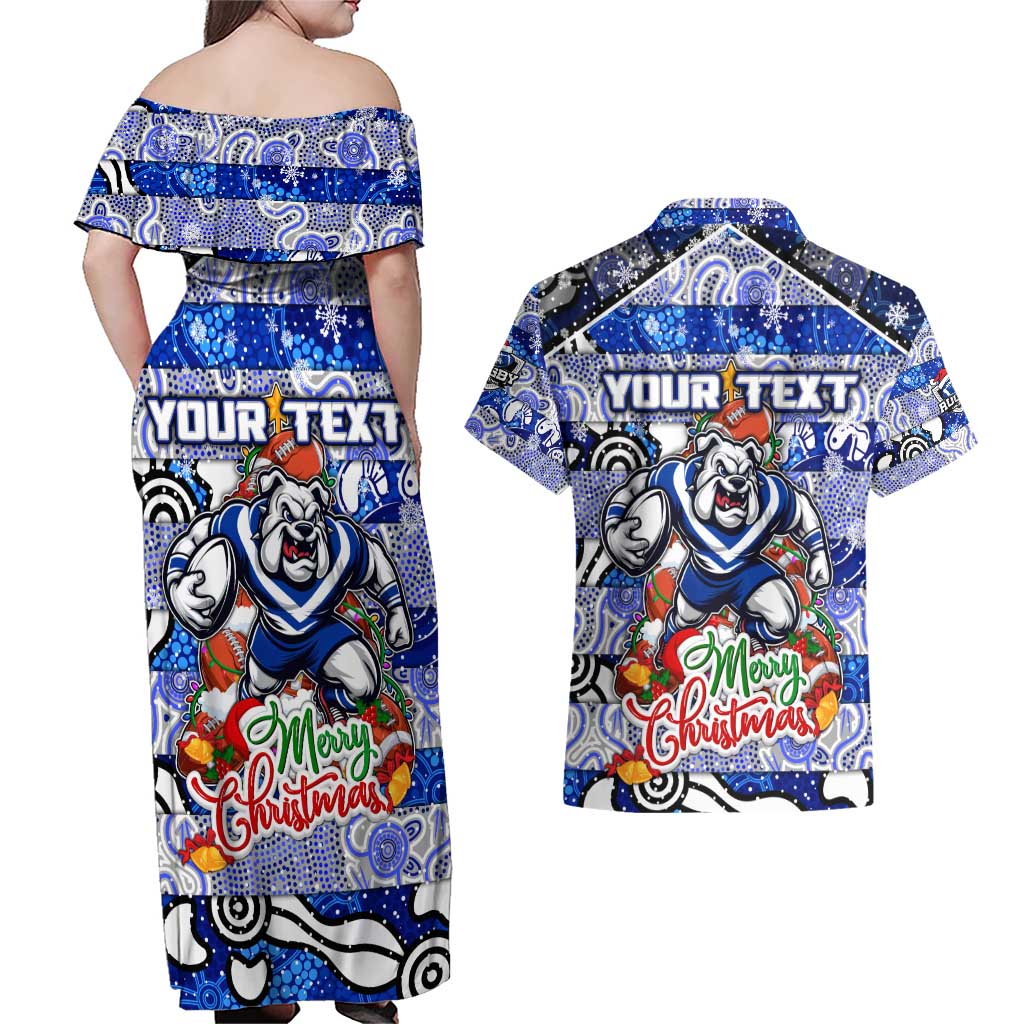Custom Bulldogs Rugby Merry Christmas Couples Matching Off Shoulder Maxi Dress and Hawaiian Shirt Indigenous Australian Art