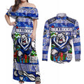 Custom Bulldogs Rugby Merry Christmas Couples Matching Off Shoulder Maxi Dress and Long Sleeve Button Shirt Indigenous Australian Art