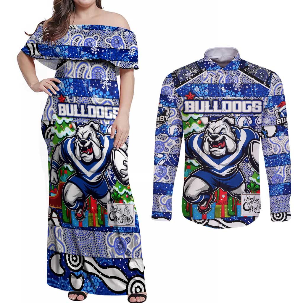 Custom Bulldogs Rugby Merry Christmas Couples Matching Off Shoulder Maxi Dress and Long Sleeve Button Shirt Indigenous Australian Art