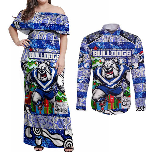Custom Bulldogs Rugby Merry Christmas Couples Matching Off Shoulder Maxi Dress and Long Sleeve Button Shirt Indigenous Australian Art