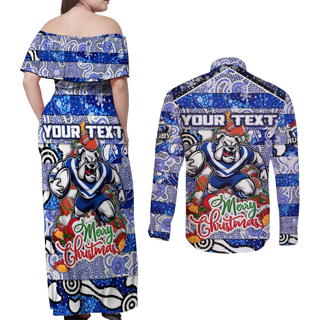 Custom Bulldogs Rugby Merry Christmas Couples Matching Off Shoulder Maxi Dress and Long Sleeve Button Shirt Indigenous Australian Art