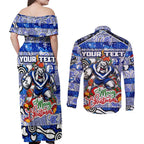 Custom Bulldogs Rugby Merry Christmas Couples Matching Off Shoulder Maxi Dress and Long Sleeve Button Shirt Indigenous Australian Art