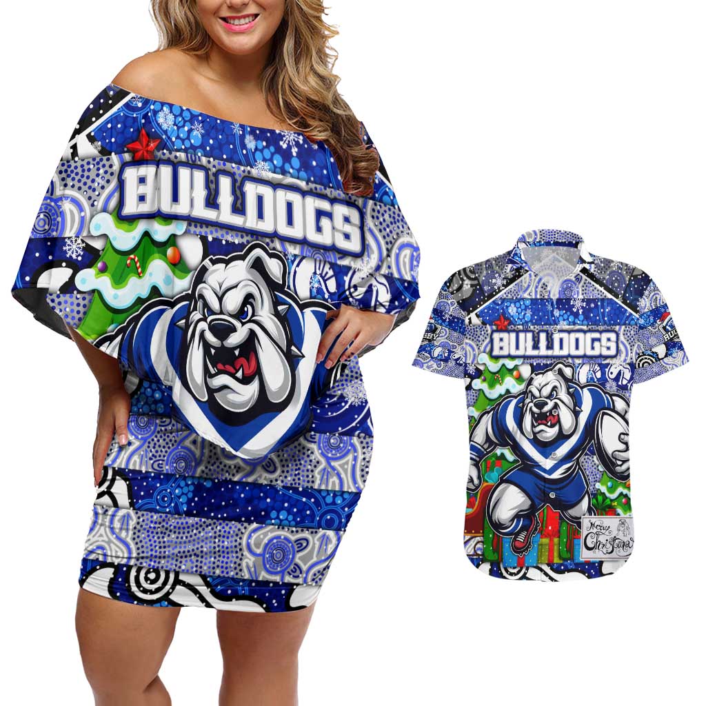Custom Bulldogs Rugby Merry Christmas Couples Matching Off Shoulder Short Dress and Hawaiian Shirt Indigenous Australian Art