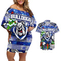 Custom Bulldogs Rugby Merry Christmas Couples Matching Off Shoulder Short Dress and Hawaiian Shirt Indigenous Australian Art