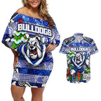Custom Bulldogs Rugby Merry Christmas Couples Matching Off Shoulder Short Dress and Hawaiian Shirt Indigenous Australian Art