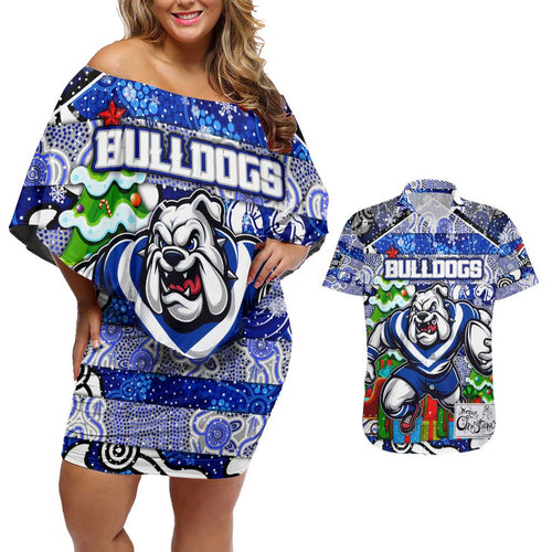 Custom Bulldogs Rugby Merry Christmas Couples Matching Off Shoulder Short Dress and Hawaiian Shirt Indigenous Australian Art