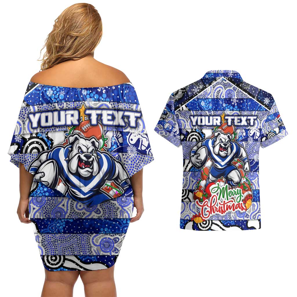 Custom Bulldogs Rugby Merry Christmas Couples Matching Off Shoulder Short Dress and Hawaiian Shirt Indigenous Australian Art