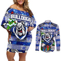 Custom Bulldogs Rugby Merry Christmas Couples Matching Off Shoulder Short Dress and Long Sleeve Button Shirt Indigenous Australian Art
