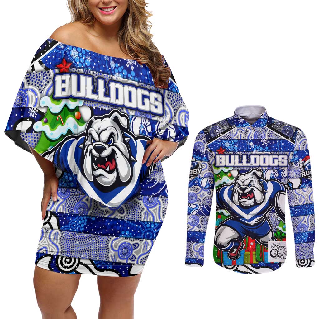 Custom Bulldogs Rugby Merry Christmas Couples Matching Off Shoulder Short Dress and Long Sleeve Button Shirt Indigenous Australian Art