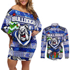 Custom Bulldogs Rugby Merry Christmas Couples Matching Off Shoulder Short Dress and Long Sleeve Button Shirt Indigenous Australian Art