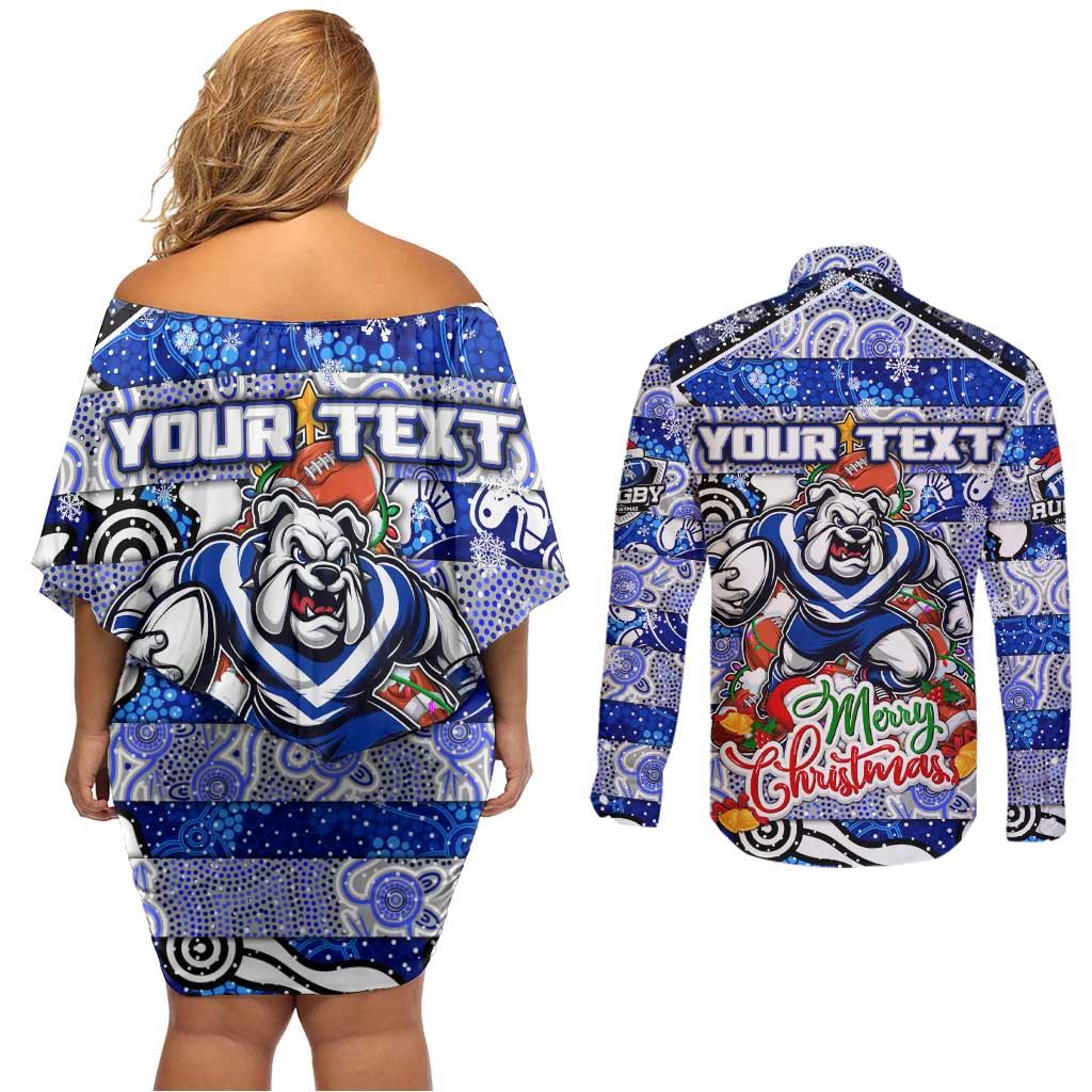 Custom Bulldogs Rugby Merry Christmas Couples Matching Off Shoulder Short Dress and Long Sleeve Button Shirt Indigenous Australian Art