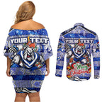 Custom Bulldogs Rugby Merry Christmas Couples Matching Off Shoulder Short Dress and Long Sleeve Button Shirt Indigenous Australian Art