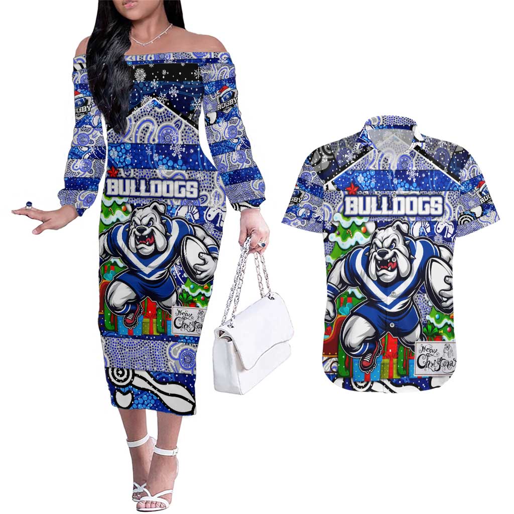 Custom Bulldogs Rugby Merry Christmas Couples Matching Off The Shoulder Long Sleeve Dress and Hawaiian Shirt Indigenous Australian Art