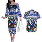 Custom Bulldogs Rugby Merry Christmas Couples Matching Off The Shoulder Long Sleeve Dress and Hawaiian Shirt Indigenous Australian Art