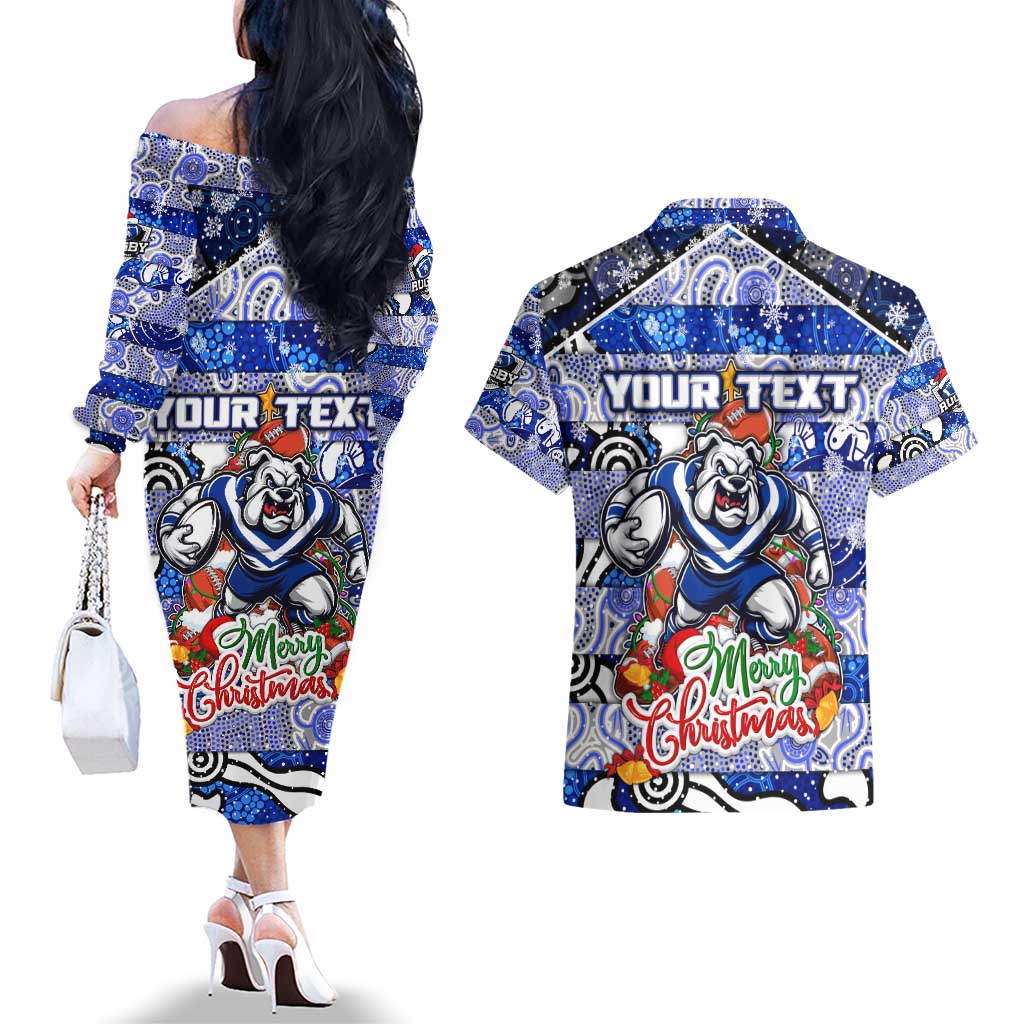 Custom Bulldogs Rugby Merry Christmas Couples Matching Off The Shoulder Long Sleeve Dress and Hawaiian Shirt Indigenous Australian Art