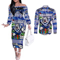 Custom Bulldogs Rugby Merry Christmas Couples Matching Off The Shoulder Long Sleeve Dress and Long Sleeve Button Shirt Indigenous Australian Art