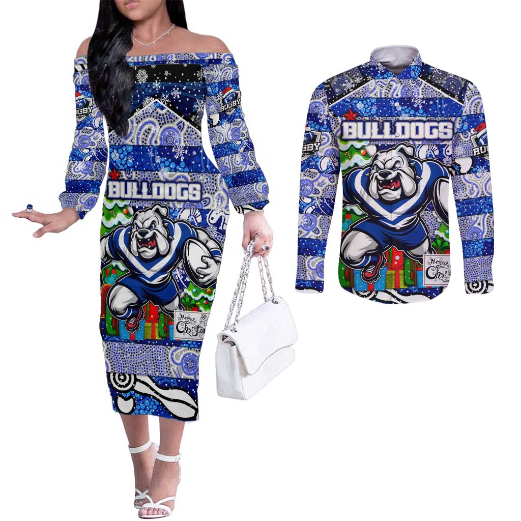 Custom Bulldogs Rugby Merry Christmas Couples Matching Off The Shoulder Long Sleeve Dress and Long Sleeve Button Shirt Indigenous Australian Art