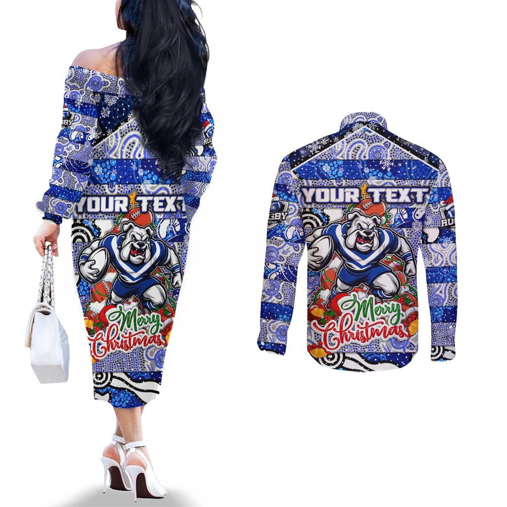 Custom Bulldogs Rugby Merry Christmas Couples Matching Off The Shoulder Long Sleeve Dress and Long Sleeve Button Shirt Indigenous Australian Art
