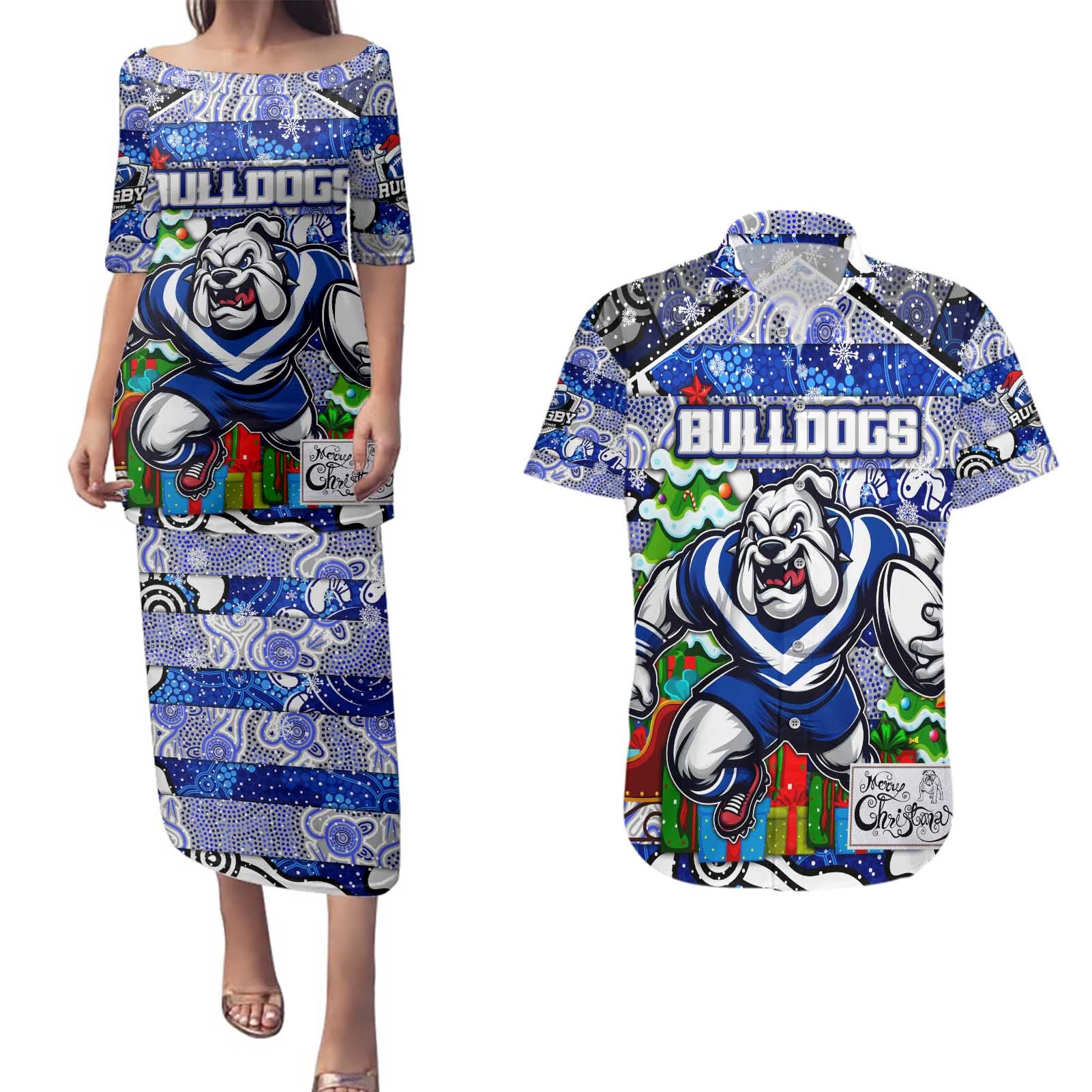 Custom Bulldogs Rugby Merry Christmas Couples Matching Puletasi and Hawaiian Shirt Indigenous Australian Art