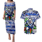 Custom Bulldogs Rugby Merry Christmas Couples Matching Puletasi and Hawaiian Shirt Indigenous Australian Art