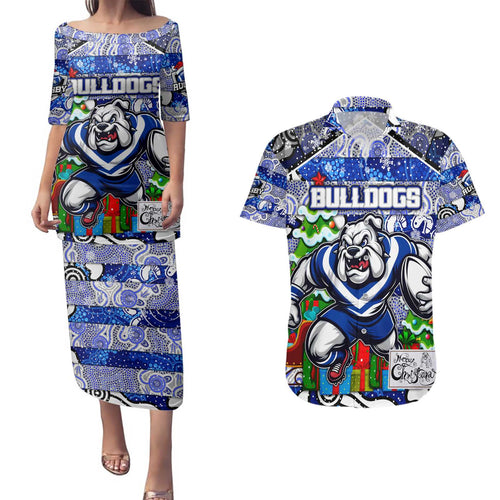 Custom Bulldogs Rugby Merry Christmas Couples Matching Puletasi and Hawaiian Shirt Indigenous Australian Art