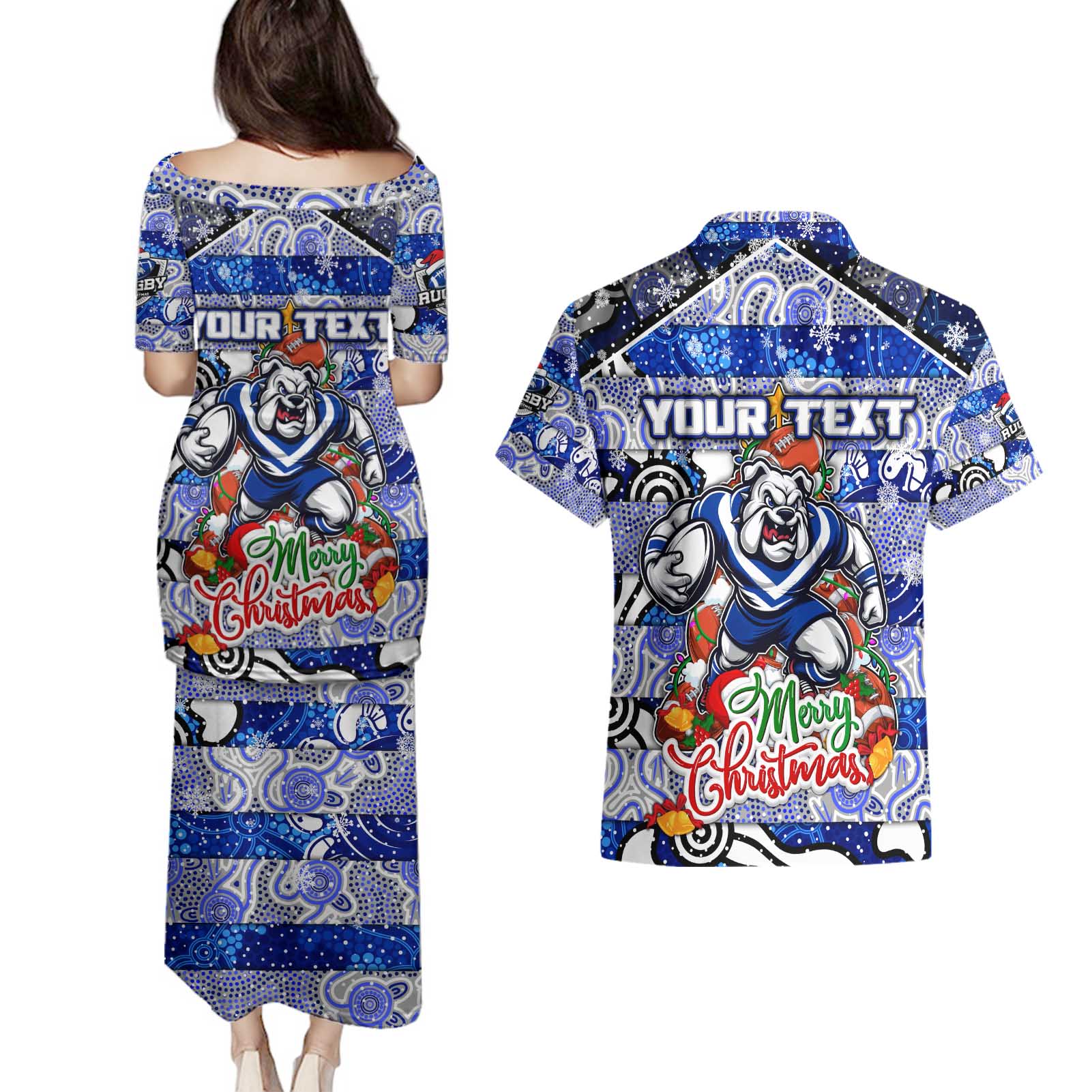 Custom Bulldogs Rugby Merry Christmas Couples Matching Puletasi and Hawaiian Shirt Indigenous Australian Art