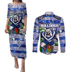 Custom Bulldogs Rugby Merry Christmas Couples Matching Puletasi and Long Sleeve Button Shirt Indigenous Australian Art