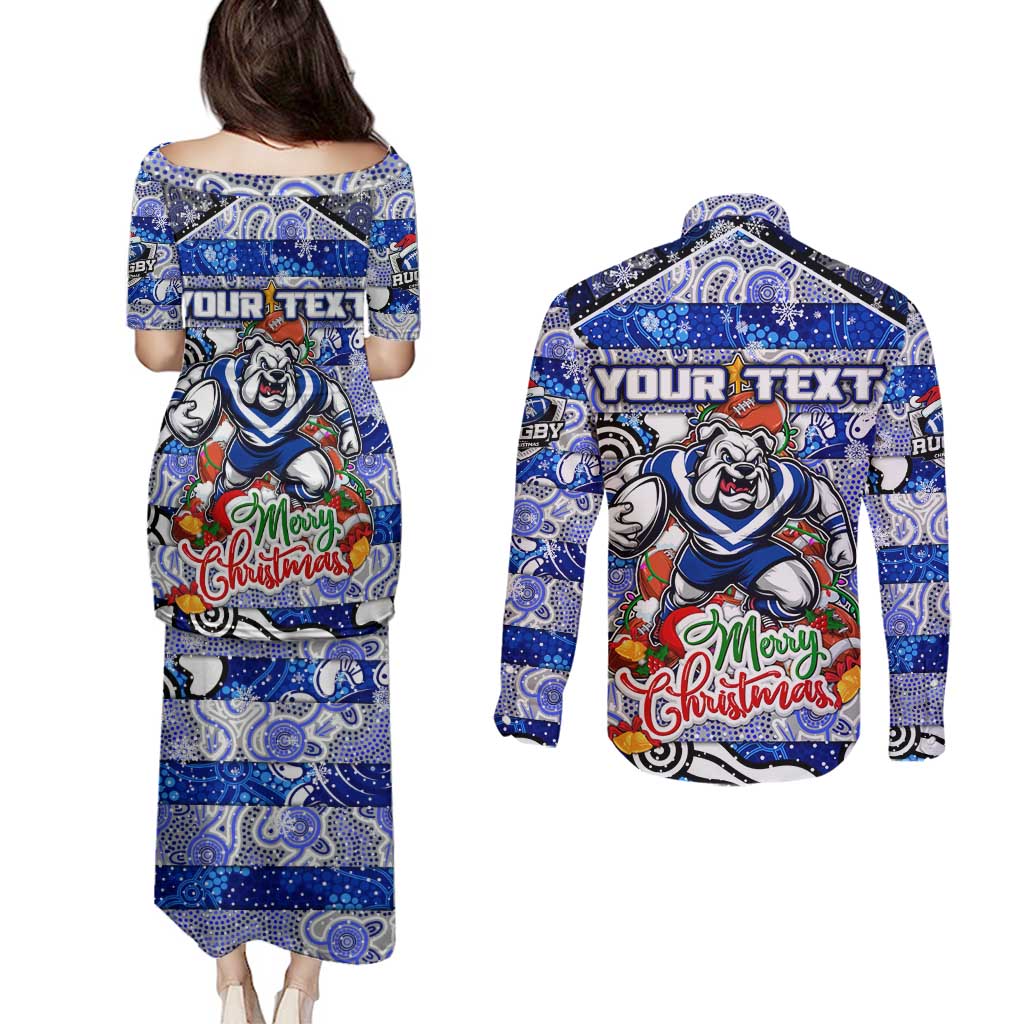 Custom Bulldogs Rugby Merry Christmas Couples Matching Puletasi and Long Sleeve Button Shirt Indigenous Australian Art