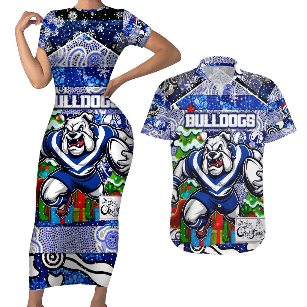 Custom Bulldogs Rugby Merry Christmas Couples Matching Short Sleeve Bodycon Dress and Hawaiian Shirt Indigenous Australian Art