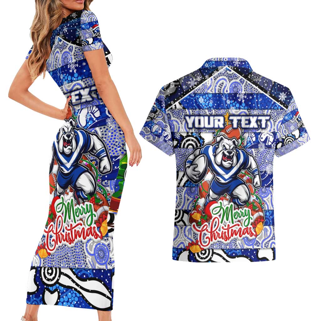 Custom Bulldogs Rugby Merry Christmas Couples Matching Short Sleeve Bodycon Dress and Hawaiian Shirt Indigenous Australian Art