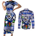 Custom Bulldogs Rugby Merry Christmas Couples Matching Short Sleeve Bodycon Dress and Long Sleeve Button Shirt Indigenous Australian Art