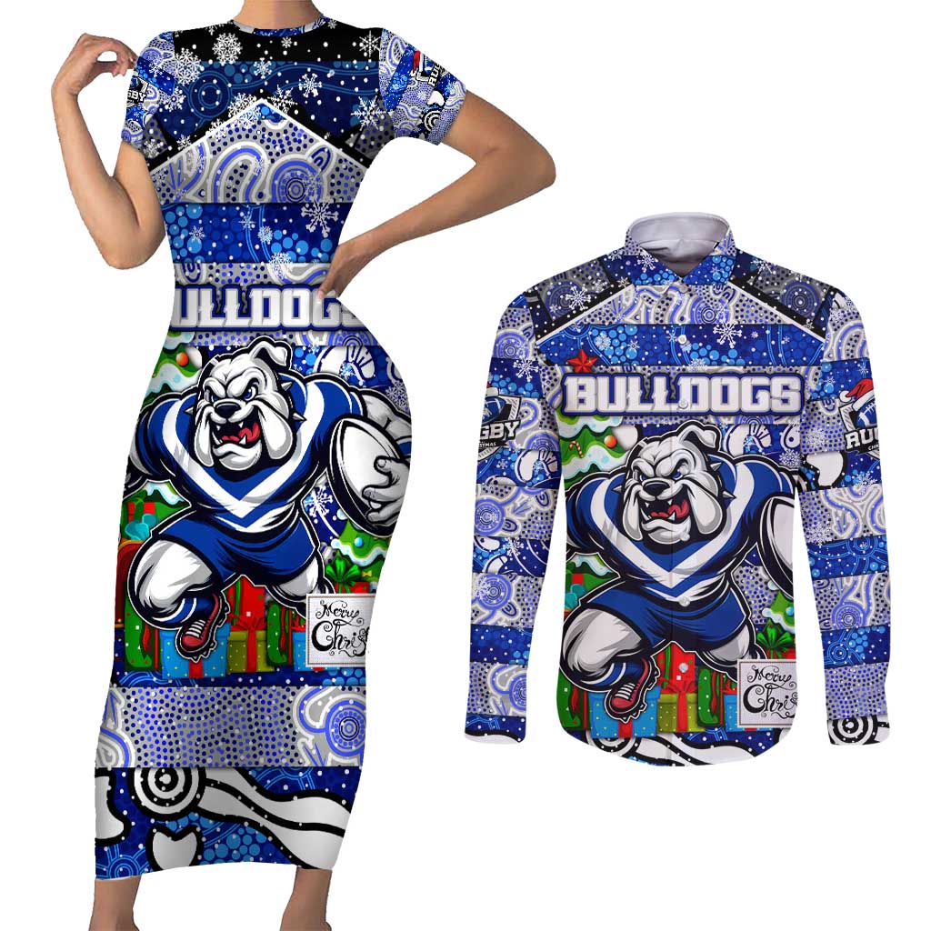 Custom Bulldogs Rugby Merry Christmas Couples Matching Short Sleeve Bodycon Dress and Long Sleeve Button Shirt Indigenous Australian Art