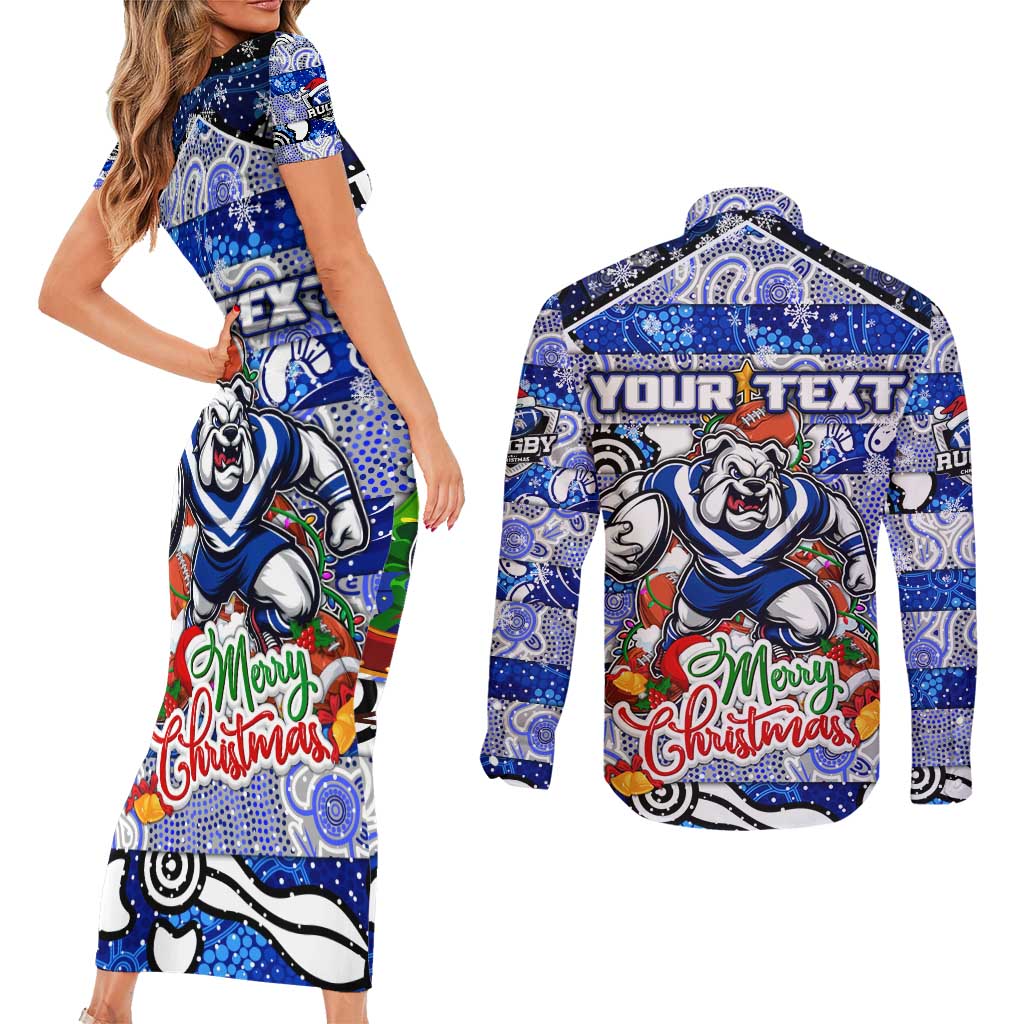 Custom Bulldogs Rugby Merry Christmas Couples Matching Short Sleeve Bodycon Dress and Long Sleeve Button Shirt Indigenous Australian Art