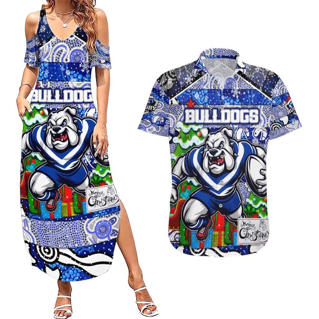 Custom Bulldogs Rugby Merry Christmas Couples Matching Summer Maxi Dress and Hawaiian Shirt Indigenous Australian Art