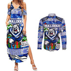 Custom Bulldogs Rugby Merry Christmas Couples Matching Summer Maxi Dress and Long Sleeve Button Shirt Indigenous Australian Art