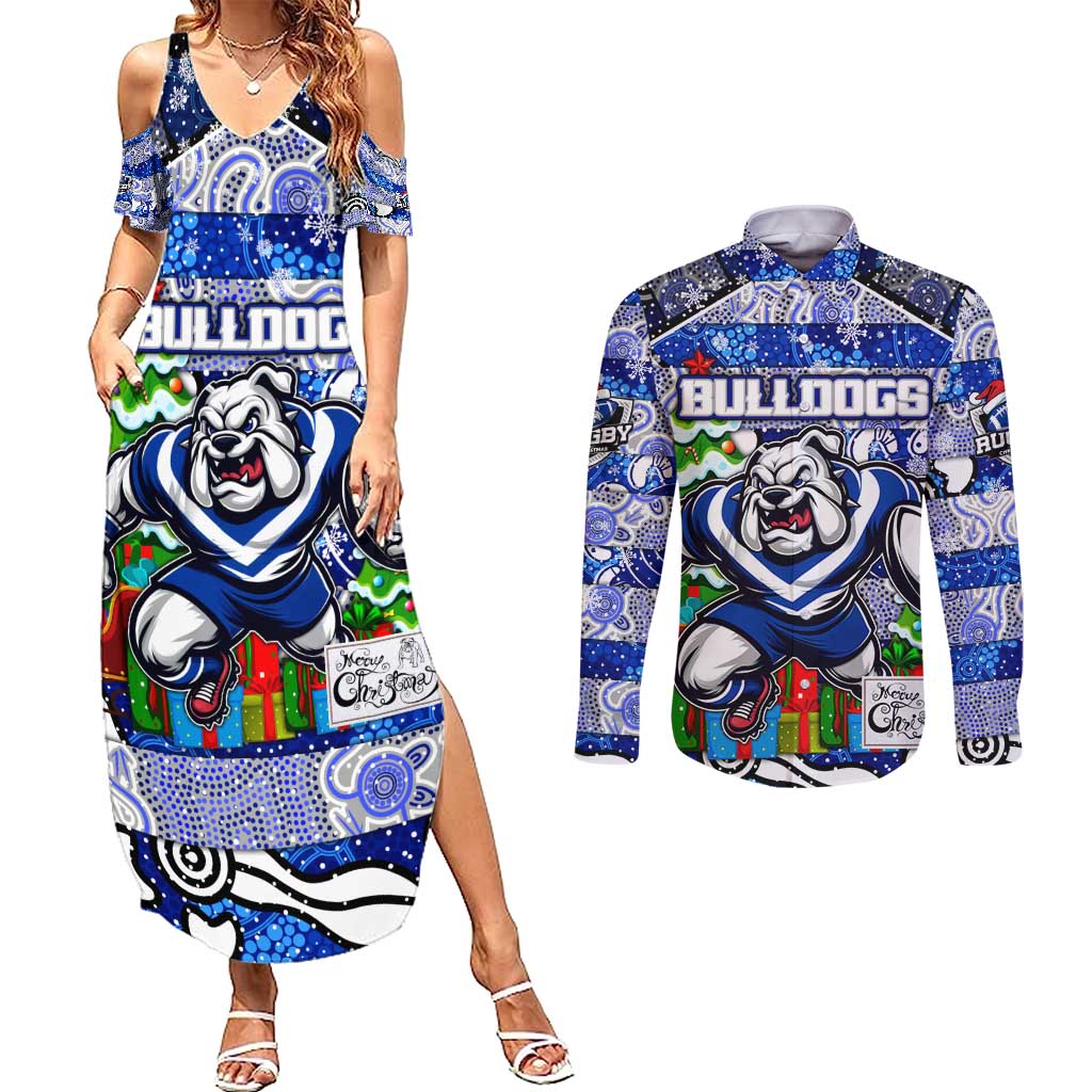 Custom Bulldogs Rugby Merry Christmas Couples Matching Summer Maxi Dress and Long Sleeve Button Shirt Indigenous Australian Art