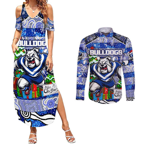 Custom Bulldogs Rugby Merry Christmas Couples Matching Summer Maxi Dress and Long Sleeve Button Shirt Indigenous Australian Art