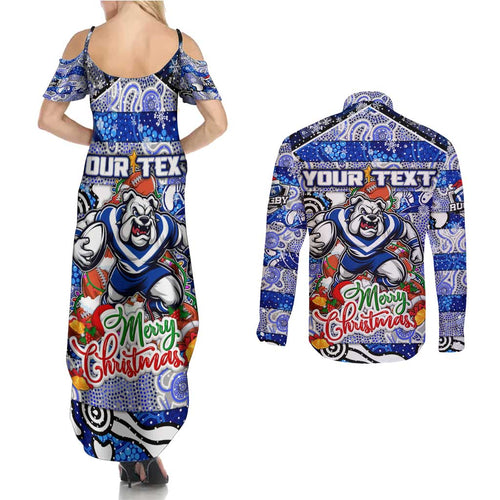 Custom Bulldogs Rugby Merry Christmas Couples Matching Summer Maxi Dress and Long Sleeve Button Shirt Indigenous Australian Art