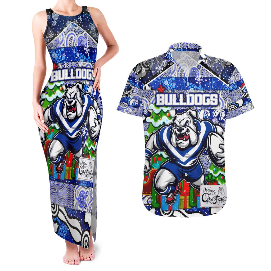 Custom Bulldogs Rugby Merry Christmas Couples Matching Tank Maxi Dress and Hawaiian Shirt Indigenous Australian Art