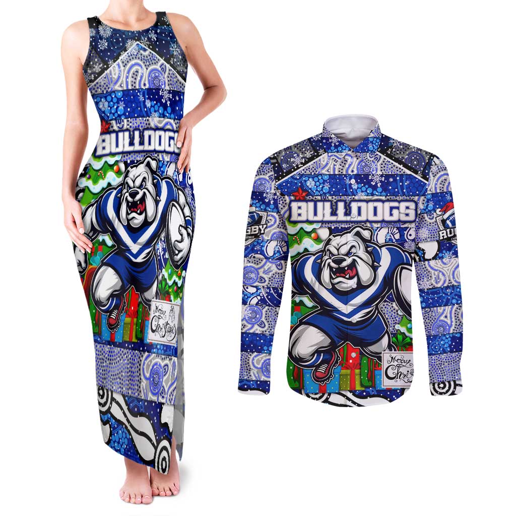 Custom Bulldogs Rugby Merry Christmas Couples Matching Tank Maxi Dress and Long Sleeve Button Shirt Indigenous Australian Art