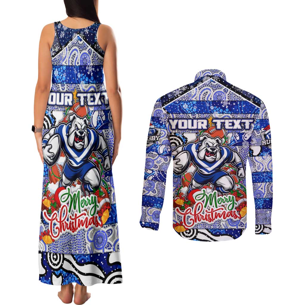 Custom Bulldogs Rugby Merry Christmas Couples Matching Tank Maxi Dress and Long Sleeve Button Shirt Indigenous Australian Art