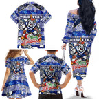 Custom Bulldogs Rugby Merry Christmas Family Matching Off The Shoulder Long Sleeve Dress and Hawaiian Shirt Indigenous Australian Art