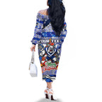 Custom Bulldogs Rugby Merry Christmas Family Matching Off The Shoulder Long Sleeve Dress and Hawaiian Shirt Indigenous Australian Art