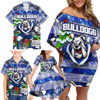 Custom Bulldogs Rugby Merry Christmas Family Matching Off Shoulder Short Dress and Hawaiian Shirt Indigenous Australian Art