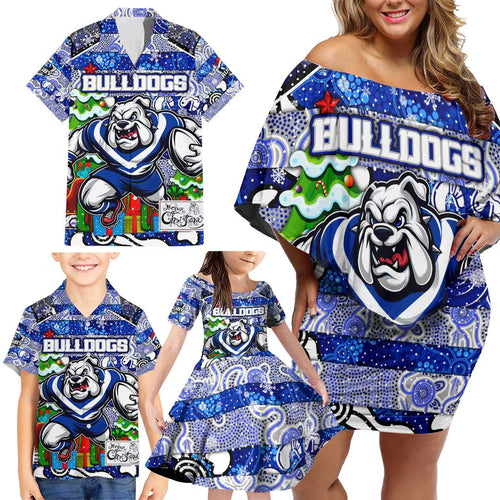 Custom Bulldogs Rugby Merry Christmas Family Matching Off Shoulder Short Dress and Hawaiian Shirt Indigenous Australian Art