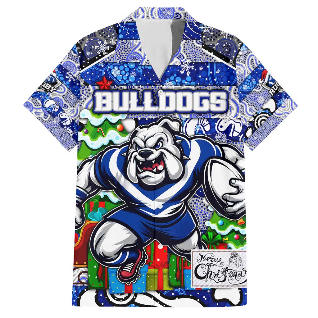 Custom Bulldogs Rugby Merry Christmas Family Matching Off Shoulder Short Dress and Hawaiian Shirt Indigenous Australian Art