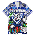 Custom Bulldogs Rugby Merry Christmas Family Matching Off Shoulder Short Dress and Hawaiian Shirt Indigenous Australian Art